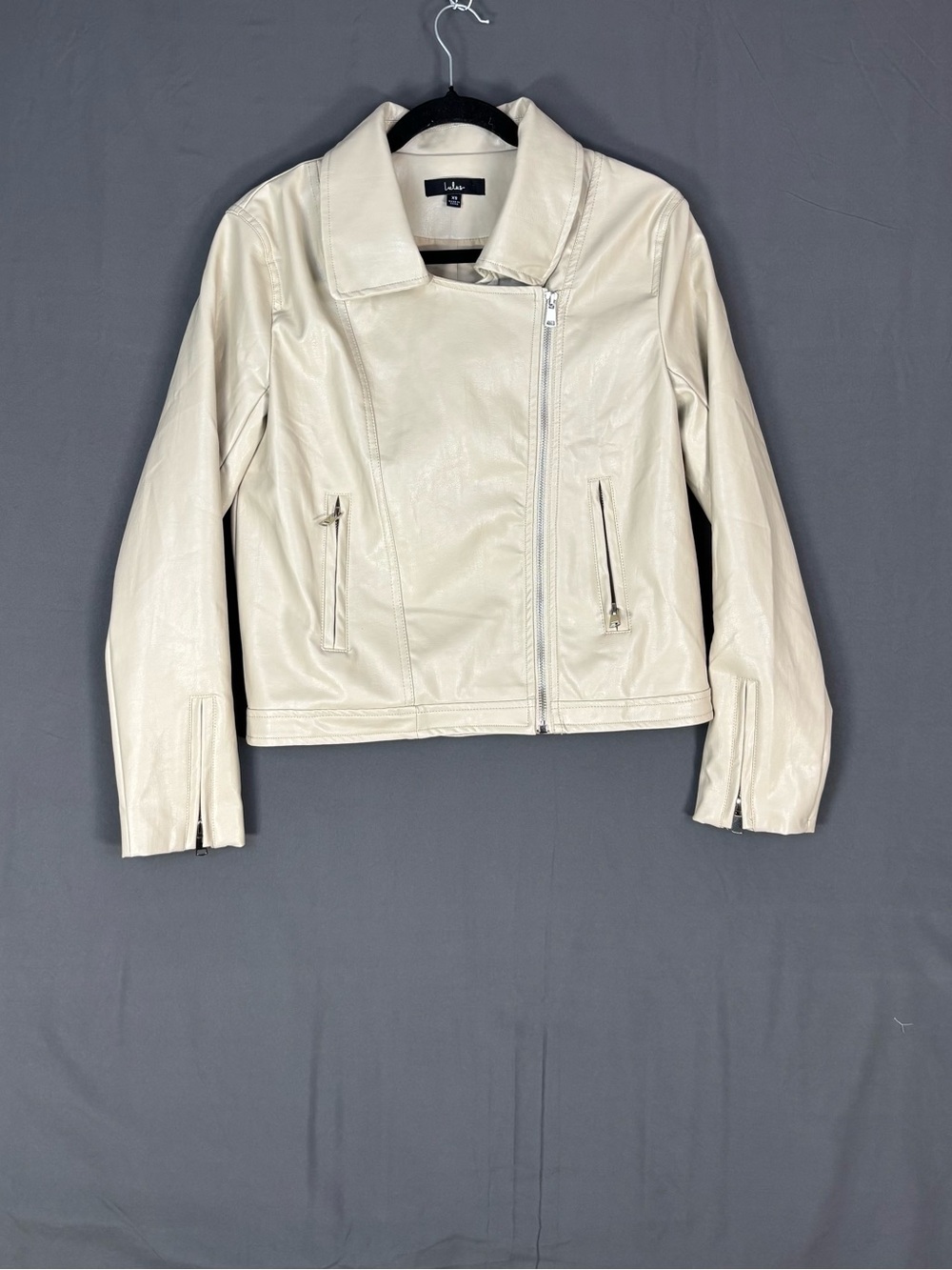 Lulu's Cream Asymmetrical Faux Leather Moto Jacket